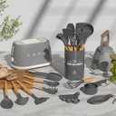 Umite Chef Kitchen Cooking Utensils Set, 33 pcs Non-stick Silicone Spatula Set with Holder, Woodle Handle Heat Resistant Gadgets Utensil (Gray)