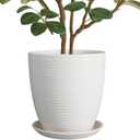 10 Inch Ceramic Planter With Drainage Hole and Saucer - Modern Round Flower Pot for Indoor Outdoor Plants - Large White Garden Planter