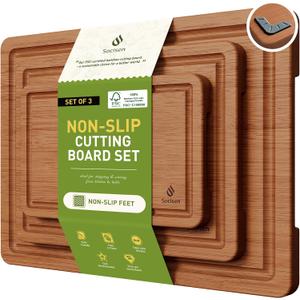 3 Packs Bamboo Cutting Board Set with Non Slip Feet and Over Sink Nice Solid Thick Wood Juice Groove Chopping Board Extra Large Big Small Best Hardwood Kitchen Counter Organic Vegetable