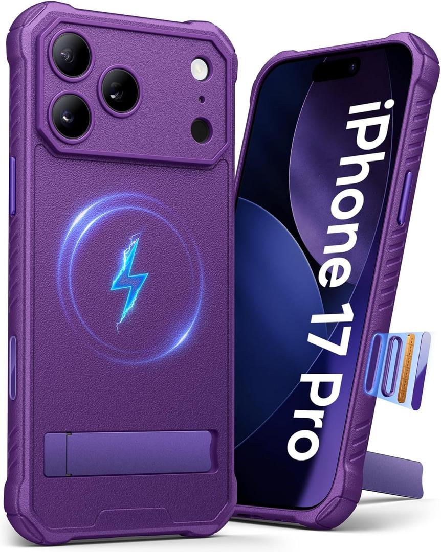 for iPhone 17 Pro Case Magnetic with Stand, Compatible with MagSafe & Full Camera Protection & Camera Control Capture Button, Rugged Shockproof Protective Phone Case for iPhone 17 Pro, Purple