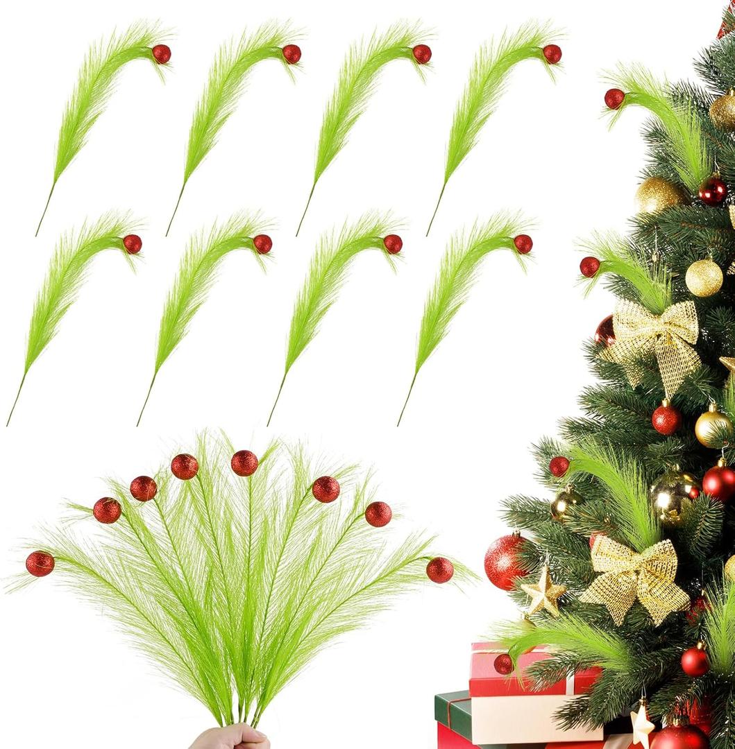 3 x 8 Pcs Christmas Tree Topper Decoration, 17" Green Christmas Tree Pick with Red Glitter Berry Ornaments, Artificial Green Fluffy Stems for Christmas Tree Top, Wreath, Vase, Gift Craft Decor