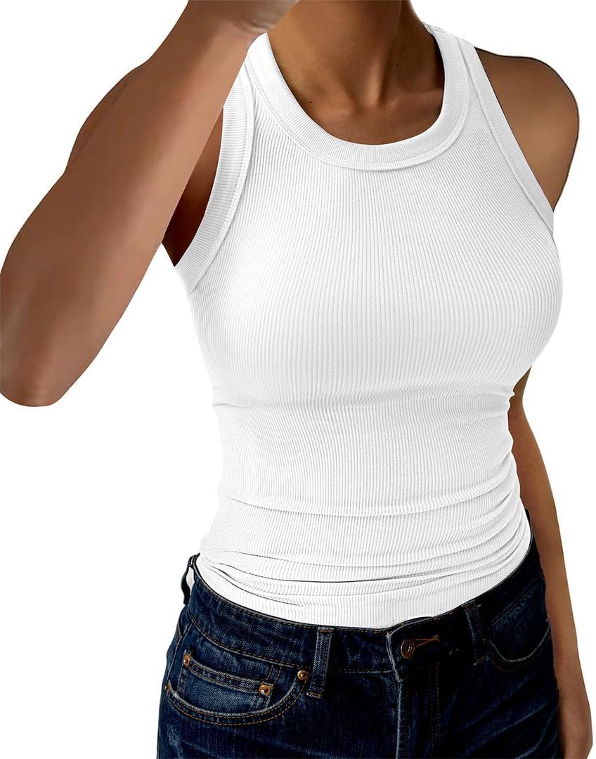 GKBK Womens Tank Tops High Neck Sleeveless Ribbed Tank Casual Basic Thick Strap Slim Fitted Racerback Shirts, Small