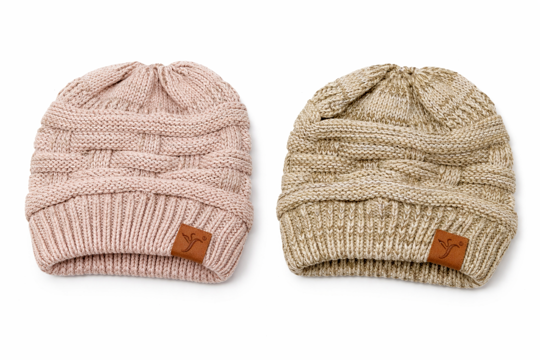 Soul Young Women's Ponytail Messy Bun Beanie Tail Hole Soft Stretch Cable Knit Hat, 2 Pcs, Pink and Shades Khaki