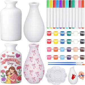 Singhoow 4 Set Mother's Day Paint Your Own Porcelain Paint Vase Art Project White Ceramic Painting Kit for Adults Porcelain Vase Decorating Kit Holiday Supplies DIY(Charming)