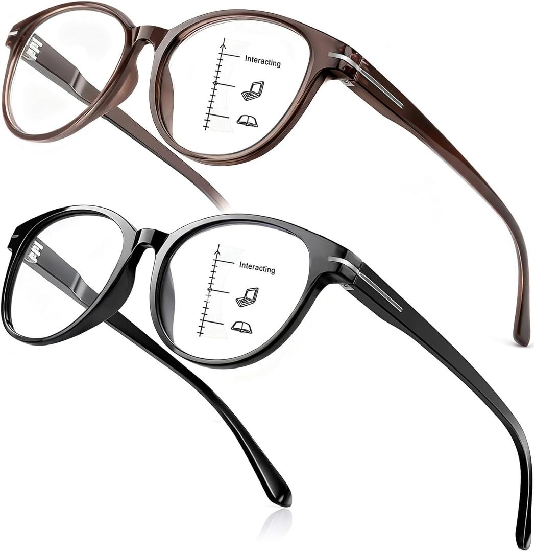 Distinctive Progressive Multifocus Reading Glasses Women, Retro Lady Anti Blue Light/Eye Fatigue Computer Reader, Vintage Round Frame No-Line Multifocal Eyeglasses (Black&Brown, 3.0x)