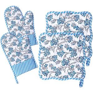 FoldTier 4 Pcs Chinoiserie Oven Mitts and Pot Holders Vintage Blue White Floral Heat Resistant Kitchen Gloves Hot Pads Non Slip Quilted Cotton Oven Mittens Pot Holders Kitchen Decor Gifts