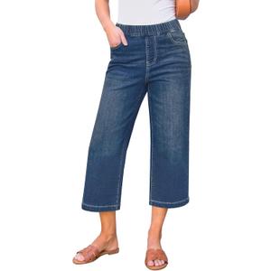 GRAPENT Capri Jeans for Women Wide Leg High Waisted Effortless Flow Pull On Stretchy Denim Elastic Waist Pants with Pockets XXL