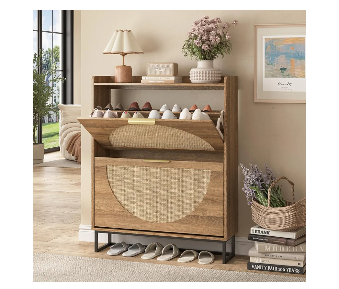Maupvit Rattan Shoe Storage Cabinet with 2 Flip Drawers, Freestanding Shoe Organizer with Metal Legs for Entryway, Hidden Golden Handles, Narrow Shoe Rack Cabinet, Rustic Oak Rattan