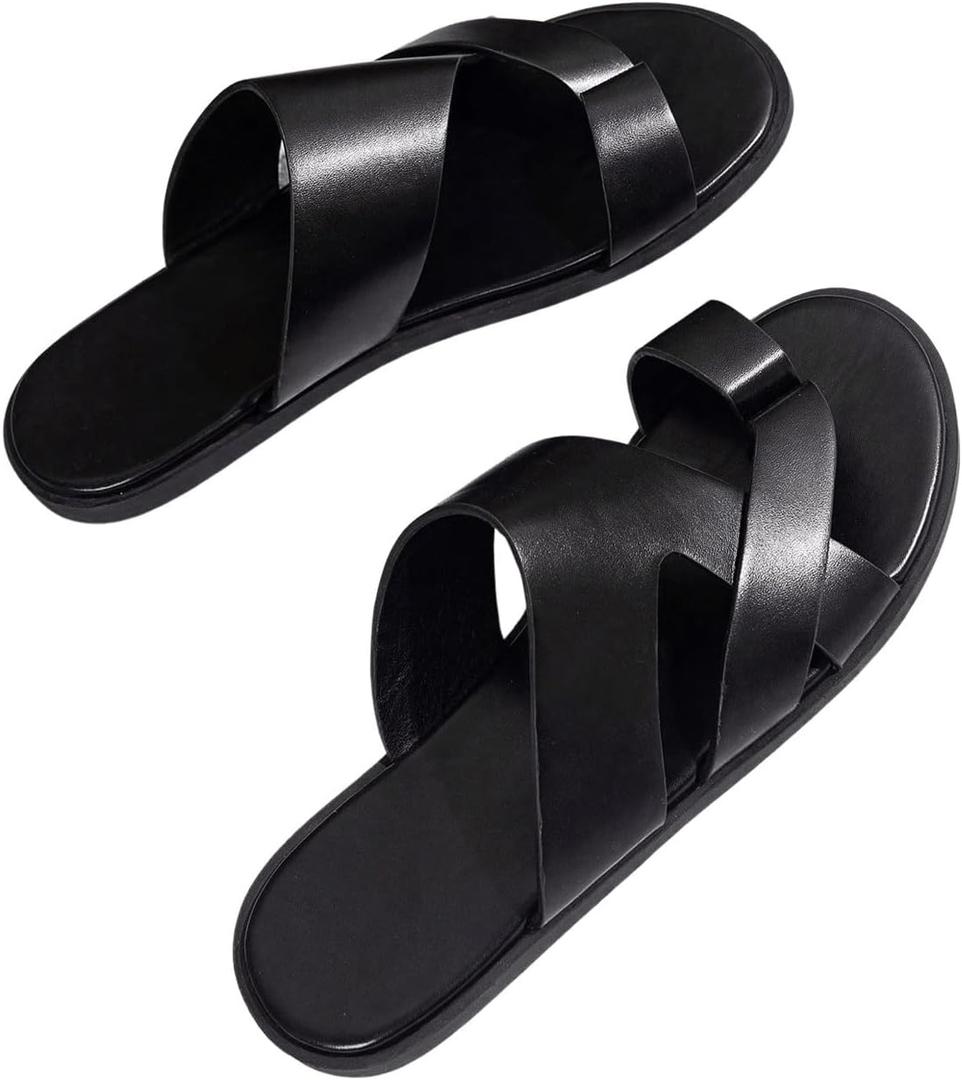 Verdusa Men's Leather Sandals Casual Slides Flip Flops Beach Sandal Summer Shoes, Black Size 44