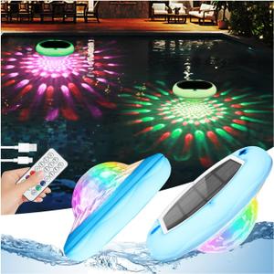Solar Floating Pool Lights(2 PACK), USB Rechargeable Pool Lights, 6.69 Inch IP68 Waterproof Pool Lights That Float 6 Dynamic Modes with Remote Upper and Lower Glow 2600mAh Hangable Light for Pond