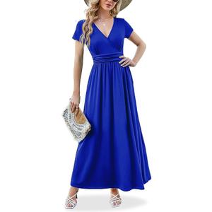 Maxi Dress for Women Wrap V Neck Short Sleeve Empire Pleated Waist Summer Casual Elegant Long Dresses with Pockets, XL