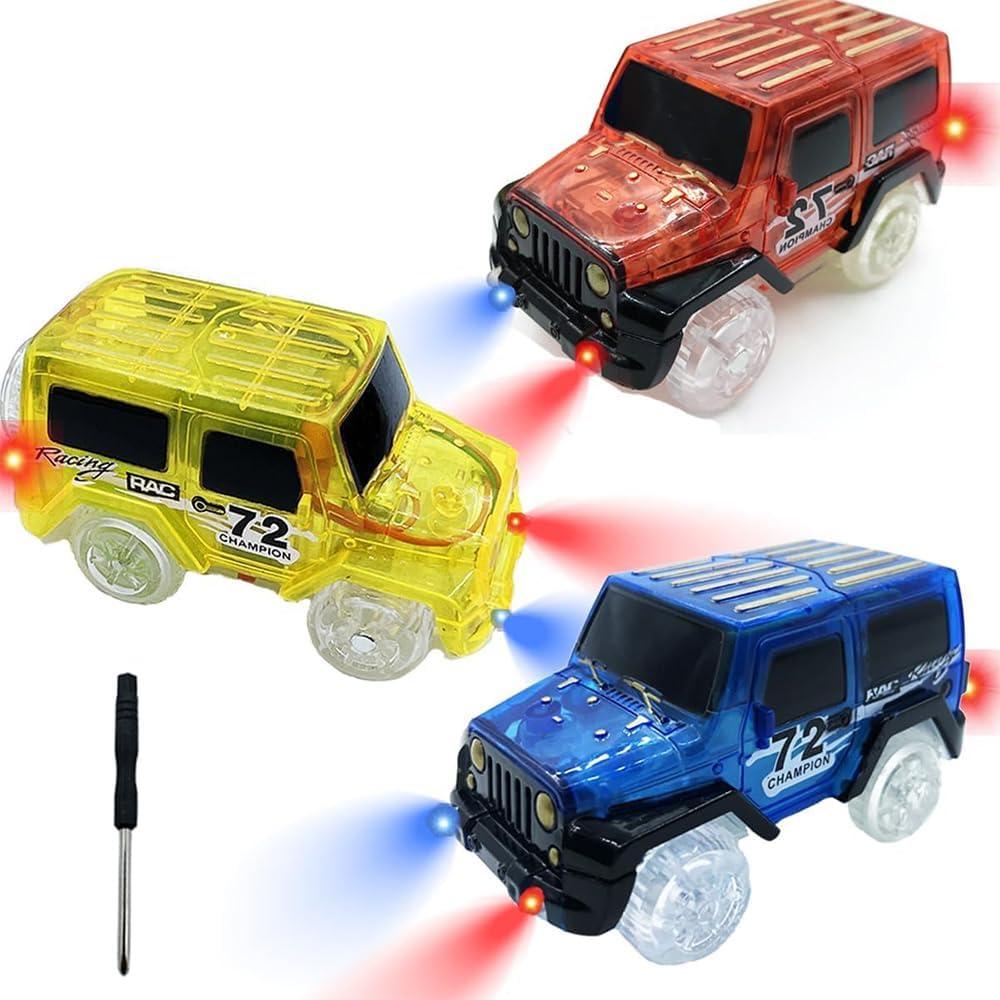 KERMCTCOKID Tracks Cars Replacement with LED Light Glow Car Toys, Glow in The Dark, Race Cars Track Compatible with Car Tracks Toys for Kids for Boy Girl Age 312 Years Old(3PCS)