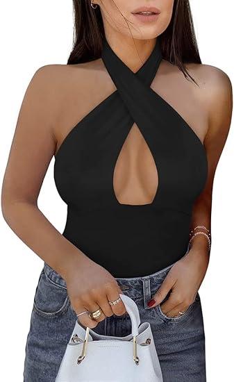 REORIA Butsmooth® Women's Trendy Sexy Criss Cross Halter Neck Sleeveless Thong Bodysuits Tops Clubwear, Size L