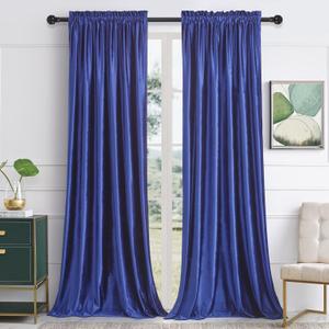 PRIMROSE Blue Velvet Curtains 52x96 inches for Living Room Rod Pocket Window Curtain Drapes Treatment Room Darkening Decor Curtains for Bedroom Set of 2 Panels