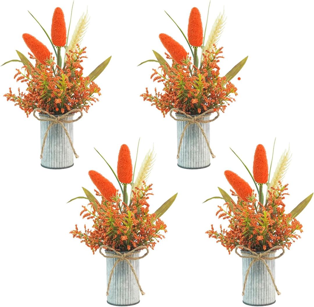 4 Pcs Fall Table Centerpieces, Artificial Fall Flowers with Vase Fake Fall Orange Plants for Thanksgiving Autumn Halloween Party Dining Room Kitchen Home Office Decor