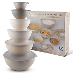 Cook with Color 12-Piece Mixing Bowl Set with Non-Slip Silicone Base and Transparent Lids, Taupe
