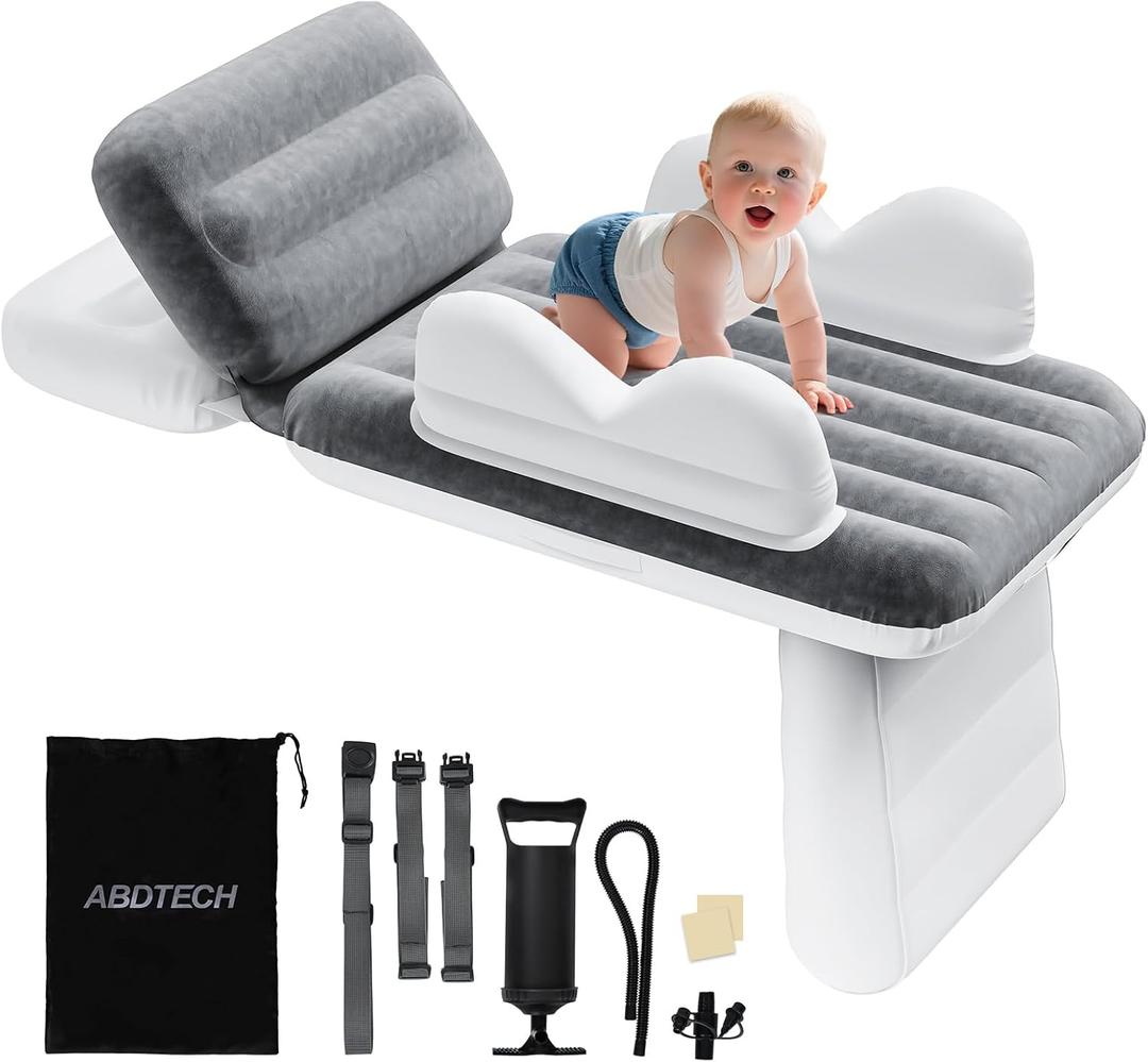 Abdtech Inflatable Toddler Airplane Bed: Safe & Soft - Portable Kids Travel Bed with Airplane Seat Extender for Kids - Blow up Mattress with Manual Pump,Seat Belt and Travel Bag (37Inch, Grey) (Large)