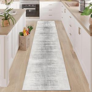 Enkor Runner Rugs for Hallway, 2x10 Washable Soft Non Slip Abstract Rugs for Kitchen, Modern Mat for Entryway Living Room Bedroom White & Grey