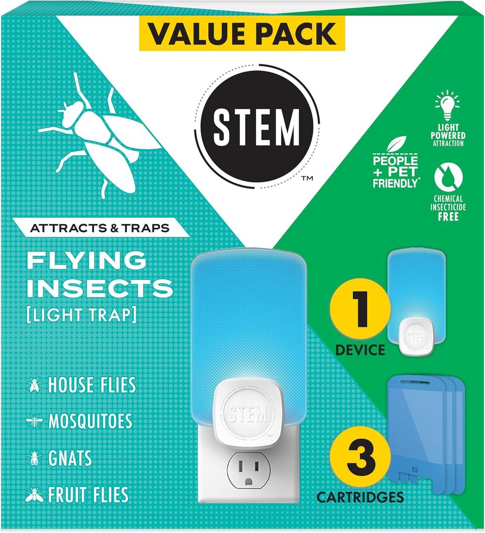 STEM Insect Trap - Indoor Fruit Fly & Gnat Pest Control for House, Home and Kitchen, Attracts & Traps Flying Bugs, Soft Blue Light - Includes 1 Plug-in Device & 3 Cartridges