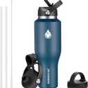 SENDESTAR 40oz Stainless Steel Water Bottle(Cold for 48 Hrs, Hot for 24 Hrs),Double Wall Vacuum Insulated Bottle with Straw Lid, Spout Lid and Flex Cap, Fit in Any Car Cup HolderNavy (Cobalt)