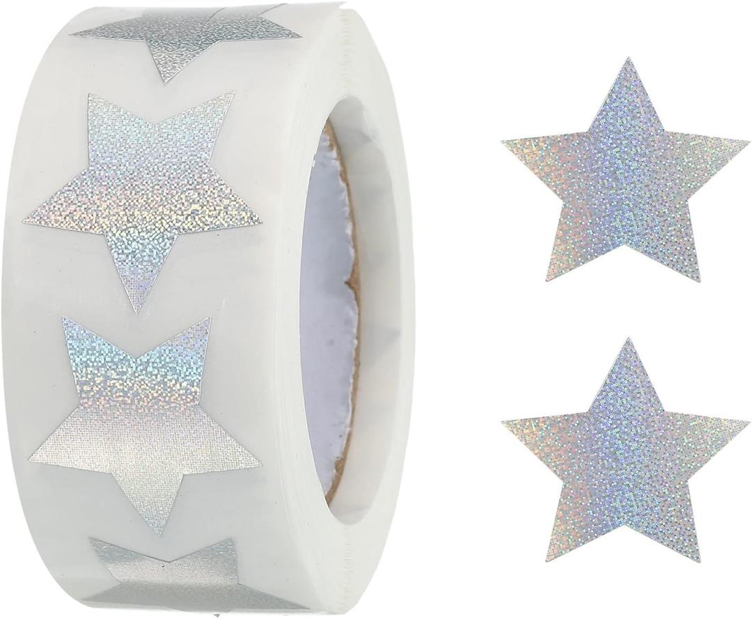 1 Roll Glitter Star Stickers 1 Inch DIY Adhesive Sparkling Labels for Notes, Greeting Cards, Gift Boxes, 500 Count/Roll Silver Powder