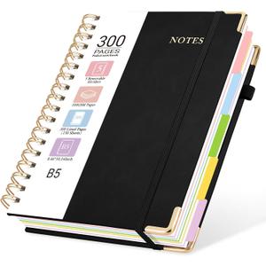 Hardcover Spiral Journal Notebook, 300 Pages 5 Subject Notebook College Ruled with Removable Dividers Tabs, 8" x 10" Notebooks for Work, Spiral Ruled Lined Writing Journal Hardcover Leather Notebook for School (Black, 8''x 10'')