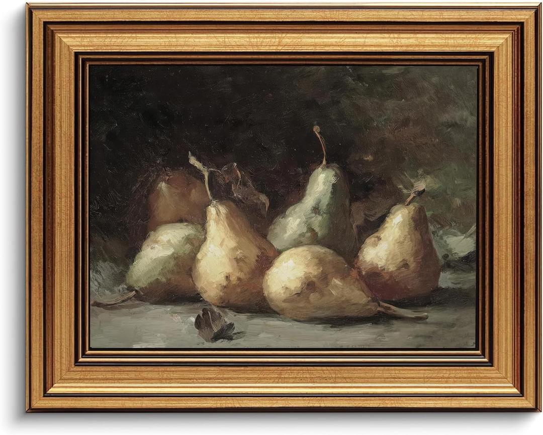 Gold Framed Wall Art Vintage Pear Still Life Canvas Art Farmhouse Fruits Picture Wall Decor Antique Prints Rustic Kitchen Paintings Country Artwork for Bedroom Bathroom Living Room 8x10 Inch