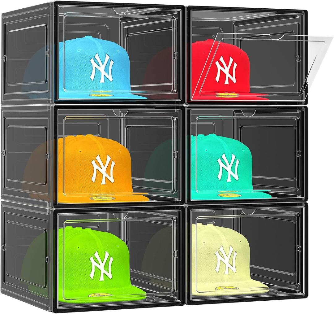 SCAVATA Hat Organizer Box, Stackable Clear Baseball Caps Holder Box Containers with Magnetic Door for Hats Snapback Cap Storag, Hat Rack Display Case, Holds 8 Hats Each (Black, 2 Pack)