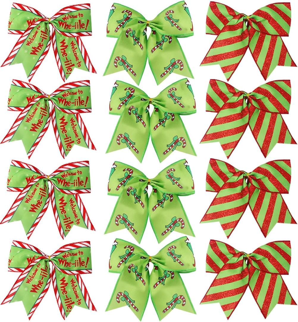 12 Pcs Red Green Christmas Bows,6 Inch Large Wreaths Bows for Tree Gift Wrapping Garland,Christmas Decoration Holiday Party Crafts Xmas Tree Ribbon Ornaments (Pattern)