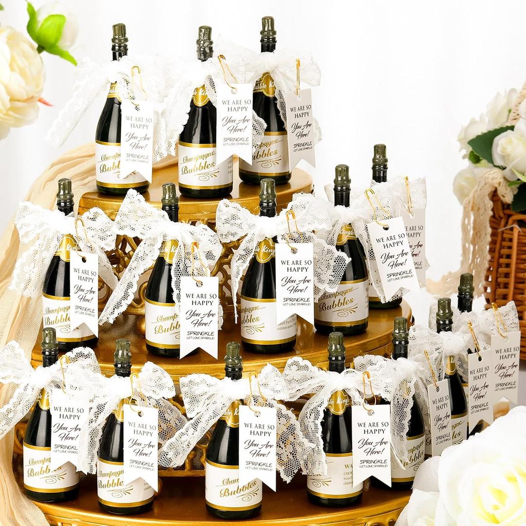 50 Pcs Mini Champagne Bubbles Wedding Favor Bulk Small Champagne Bottle Shaped Bubbles with Ribbons Gold Pins and Cards for Wedding Send Off Bridal Shower Celebration, 16.5 x 20.5 x 13 inches