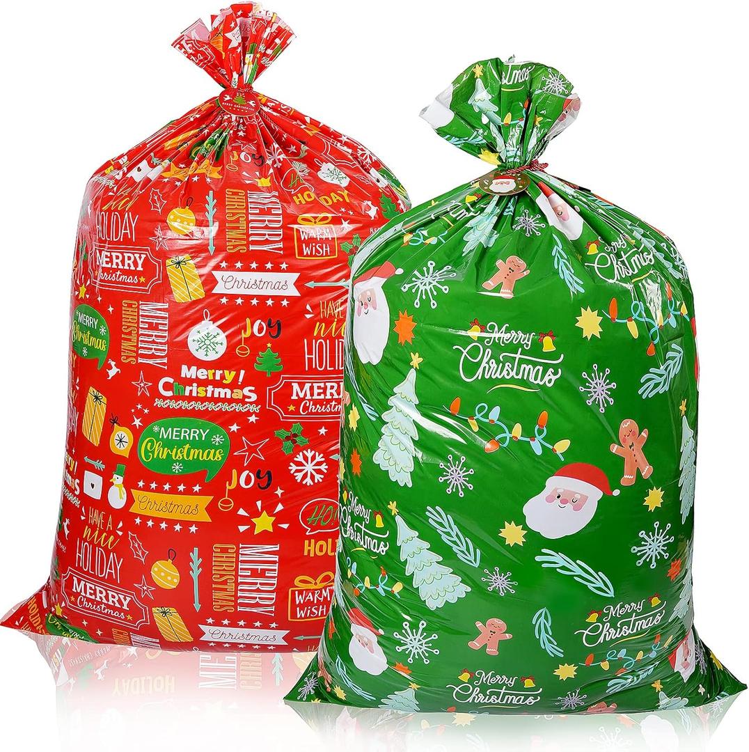 2 Pack Jumbo Christmas Gift Bag with Tag & Tie, 56" X 36" Oversized Christmas Plastic Wrapping Bags, Giant gift Bags for Huge Present Decoration, Holiday Bags for Large Gifts, Toys, Goodie Supplies