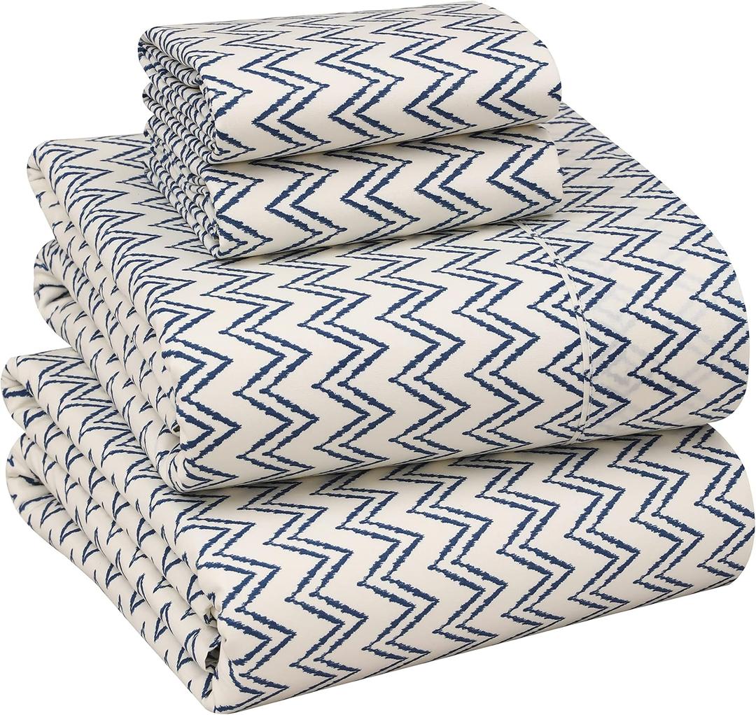 RUVANTI 100% Cotton Sheets King Size Percale Bedding, Cooling & Breathable Floral Design, Durable with a Crisp, Soft & Comfortable Feel, 16" Deep Pocket, 4-Piece Set, Chevron
