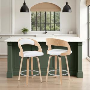 Armen Living Shelly Modern Counter Height Swivel Bar Stool in Patterned Oak Finish with White Faux Leather Upholstered Seat