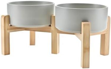 SPUNKYJUNKY Elevated Dog Bowls Ceramic, 6.1'' Dogs and Cat Food Water Bowls Raised with Non-Slip Bamboo Stand for Medium Sized Breed Microwave Dishwasher Safe - 28.7 OZ,Grey