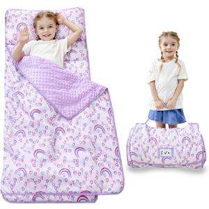 Toddler Nap Mat with Pillow and Blanket, Extra Large Rolled Napping Mats,Slumber Bags for Boys Girls,Kids Sleeping Bag for Daycare, Preschool Travel Camping (Rainbow)