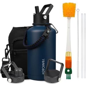 Insulated Water Bottle 64oz,Triple Wall Vacuum Stainless Steel(Dishwasher Safe),Leak Proof & Non-BPA,Flask Jug with Paracord Handle & Straw Spout Lids Sports Navy Blue