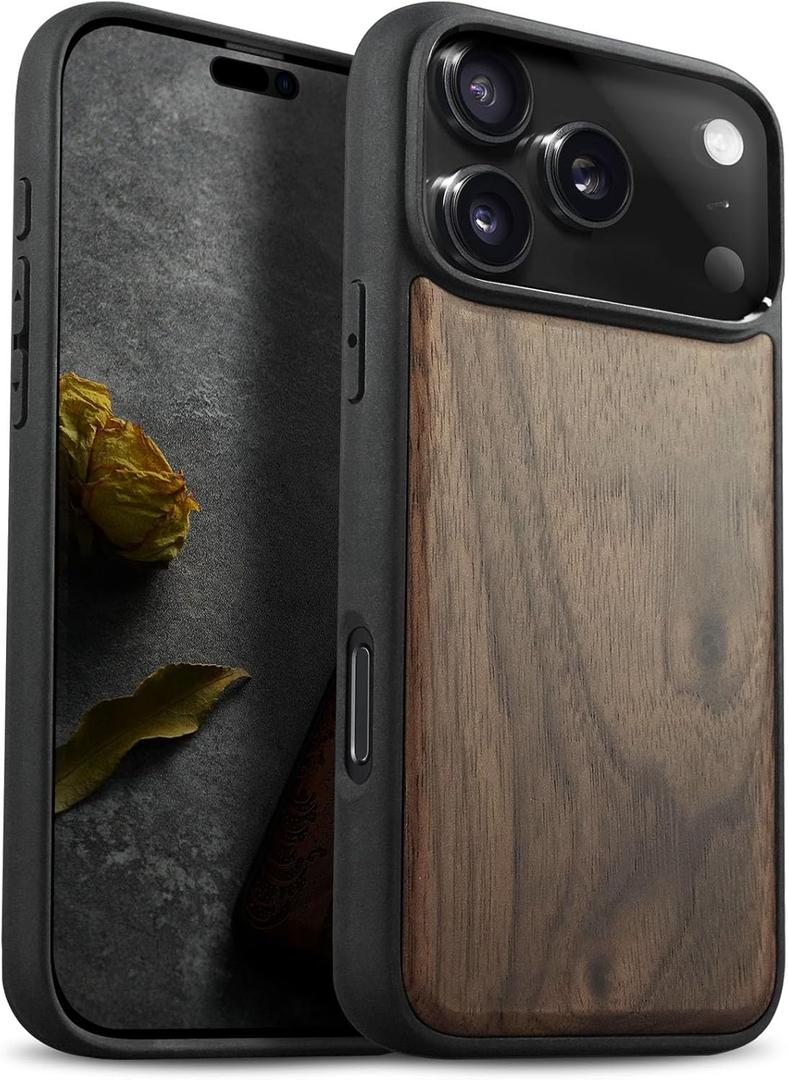 Carveit Magnetic Wooden Case for iPhone 17 Pro Max Case, Wood Artisan Engraved & Black Soft TPU Shockproof Cover, Compatible with MagSafe Wireless Chargers (Natural Grain) Walnut