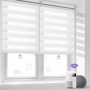 Allesin Motorized Zebra Blinds for Window with Remote, Compatible with Alexa, Smart Dual Layer Shades, Smart Zebra Roller Shades Light Filtering Dry Battery Motor, for Home Office(White, H72 x W31) (31"W x 72"H)