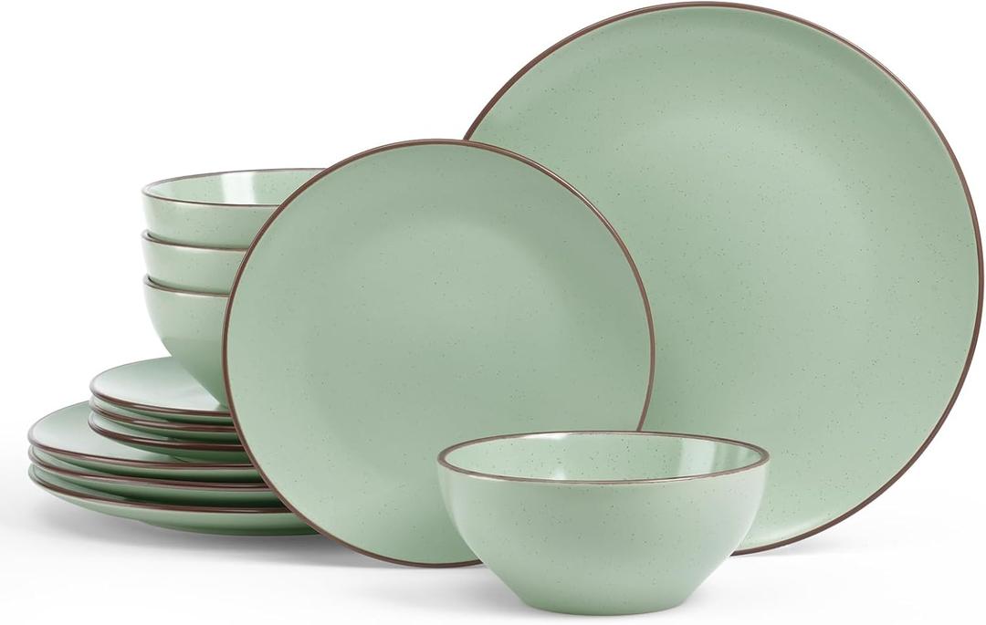 Famiware Venus Plates and Bowls Sets, 12 Pieces Stoneware Speckled Dishes Dinnerware Set for 4, Light Green - Microwave & Dishwasher Safe, Modern Minimalist, for Everyday Meals & Formal Dining