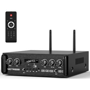 2 Channel Bluetooth Amplifier with 2 HiFi Speakers & Wireless Microphone System, 450W Stereo Audio Receiver with UHF Mics, Bass/Treble, FM, TWS, USB/TF  for Home Karaoke, Church, Meeting