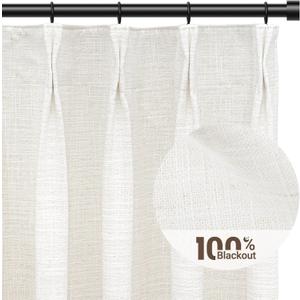 100% Blackout Shield Pinch Pleated Curtains 96 Inches Long, Linen Blackout Curtains for Bedroom/Living Room, Thermal Insulated Blackout Drapes with Liner, Beige White, 110x84''
