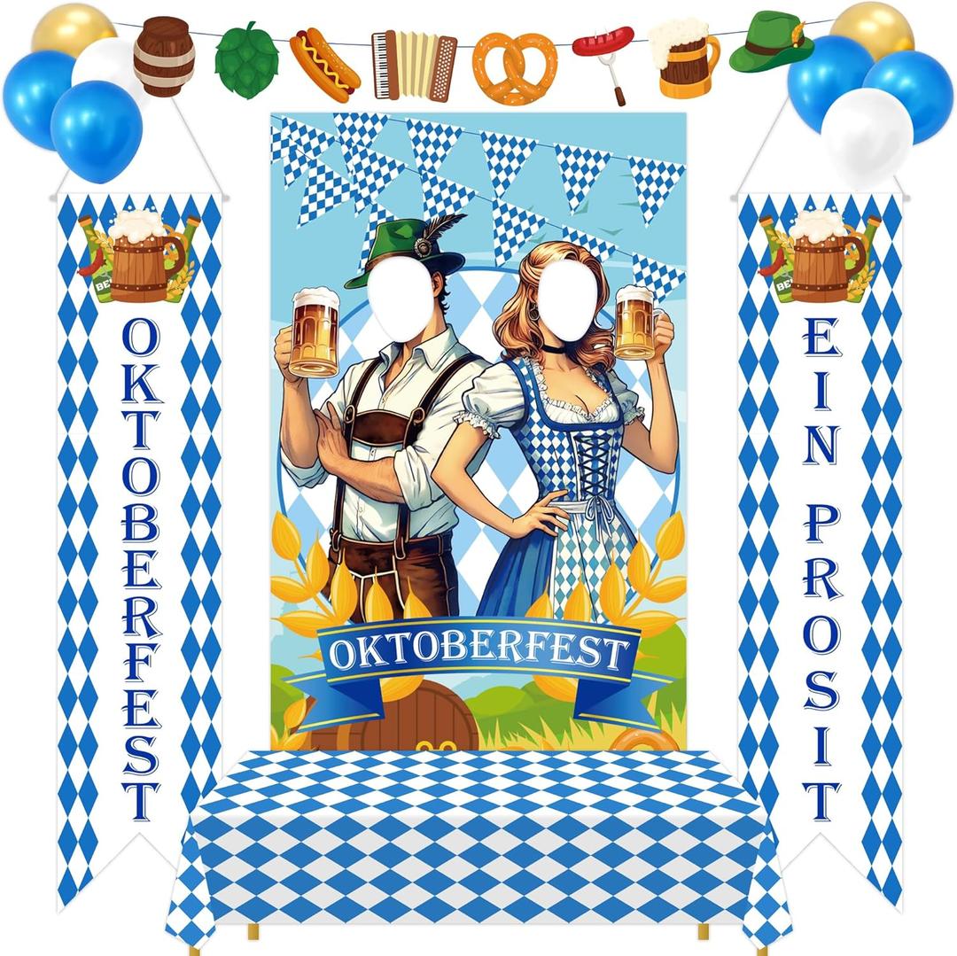 13PCS Oktoberfest Decorations Set: Party Door Banners, Couples Photo Booth Props, Table Cloth, Garland, Balloons - German Festival Bavarian Flag Decor Backdrop Supplies