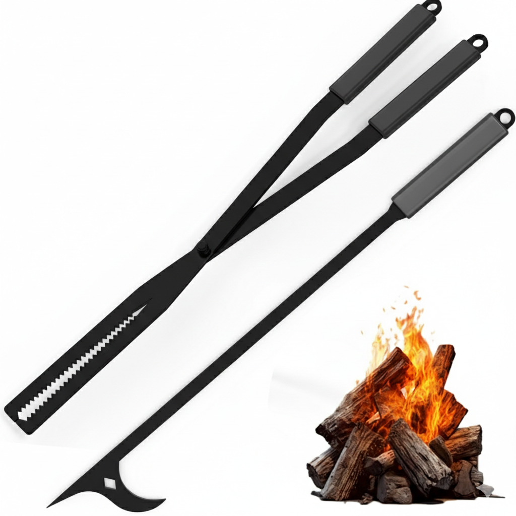 MOOFI Heavy Duty Fire Tong & Poker Set, Firewood Grabber 27.7" Long-Handle Carbon Steel Log with Serrated Grip Tong, Tools Sets For Fire Pit, Fireplace, Wood Stoves, Campfires, Bonfires & BBQ Grills (Black)