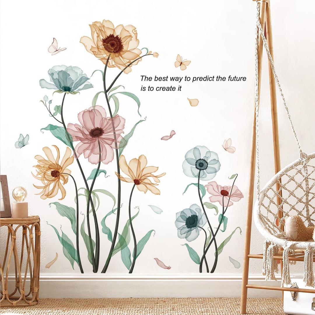 Boho Flower Wall Decals for Girls Poppy Peony Flower Plants Wall Stickers Peel and Stick Vintage Floral Wall Murals Art for Bedroom Living Room Nursery Classroom Wall Decor 69011-YG-A