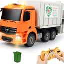 DOUBLE E Benz Licensed Remote Control Garbage Truck Electric Recycling Toy Set with Trash Bin Real Lights Rechargeable Waste Management Trash Truck Toys Gift for Kids