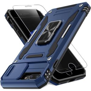 DEERLAMN Case for iPhone 7 Plus/8 Plus Case with Slide Camera Cover+Screen Protector(1 Pack), Rotated Ring Kickstand Military Grade Shockproof Protective Cover 5.5 Inch-Navy Blue