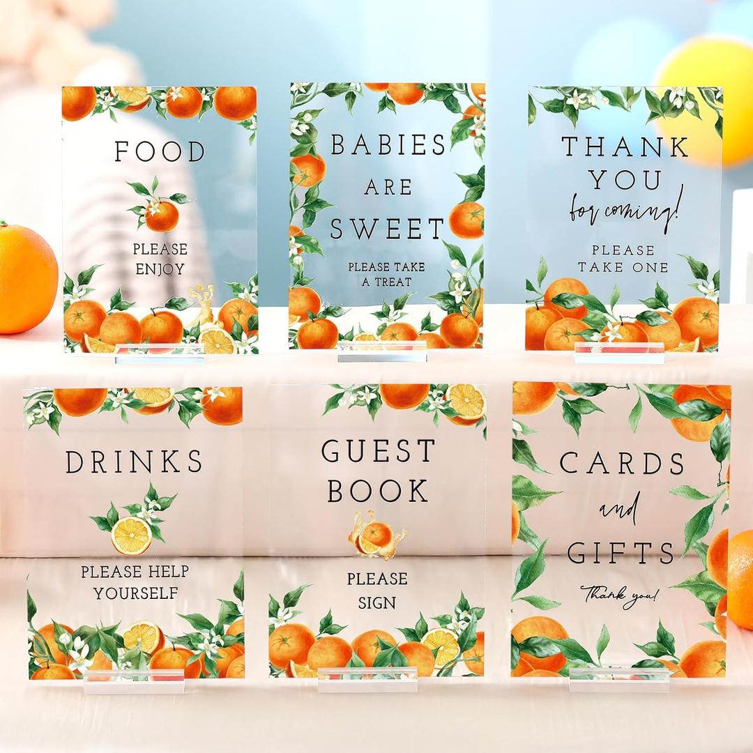 6 Pcs Little Cutie Orange Baby Shower Table Decorations Take One Sign Thank You Acrylic Sign Centerpieces with Stand 5 x 7" Floral Birthday Party Decorations