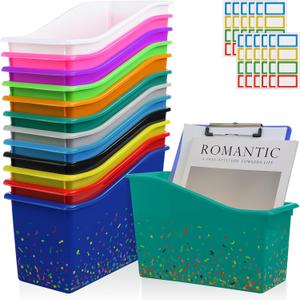 Jinei 24 Pack Multicolor Book Bins for Classroom Bulk Confetti Book and Binder Holders with Name Labels Assorted Color Plastic Classroom Organization Basket Box Teacher Storage Bins for Home Office