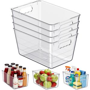 KJIXYUNG Clear Plastic Storage Bins, 4-Pack Stackable Pantry Organizers and Storage Containers for Kitchen, Fridge, Cabinet and Closet Organization - Home Essentials (L (11.5"L x 7.5"W x 6"H))