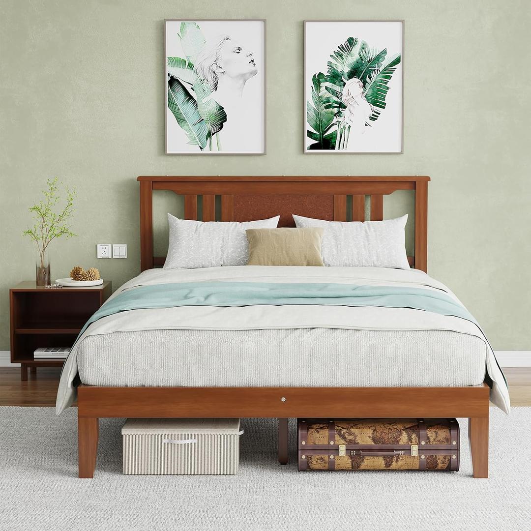 Solid Wood Bed Frame, Full Size Platform Bed Frame with Headboard, Sturdy Wood Slat Support, Heavy Duty Pine, No Box Spring Needed, Noise-Free, Easy Assembly, Full XL